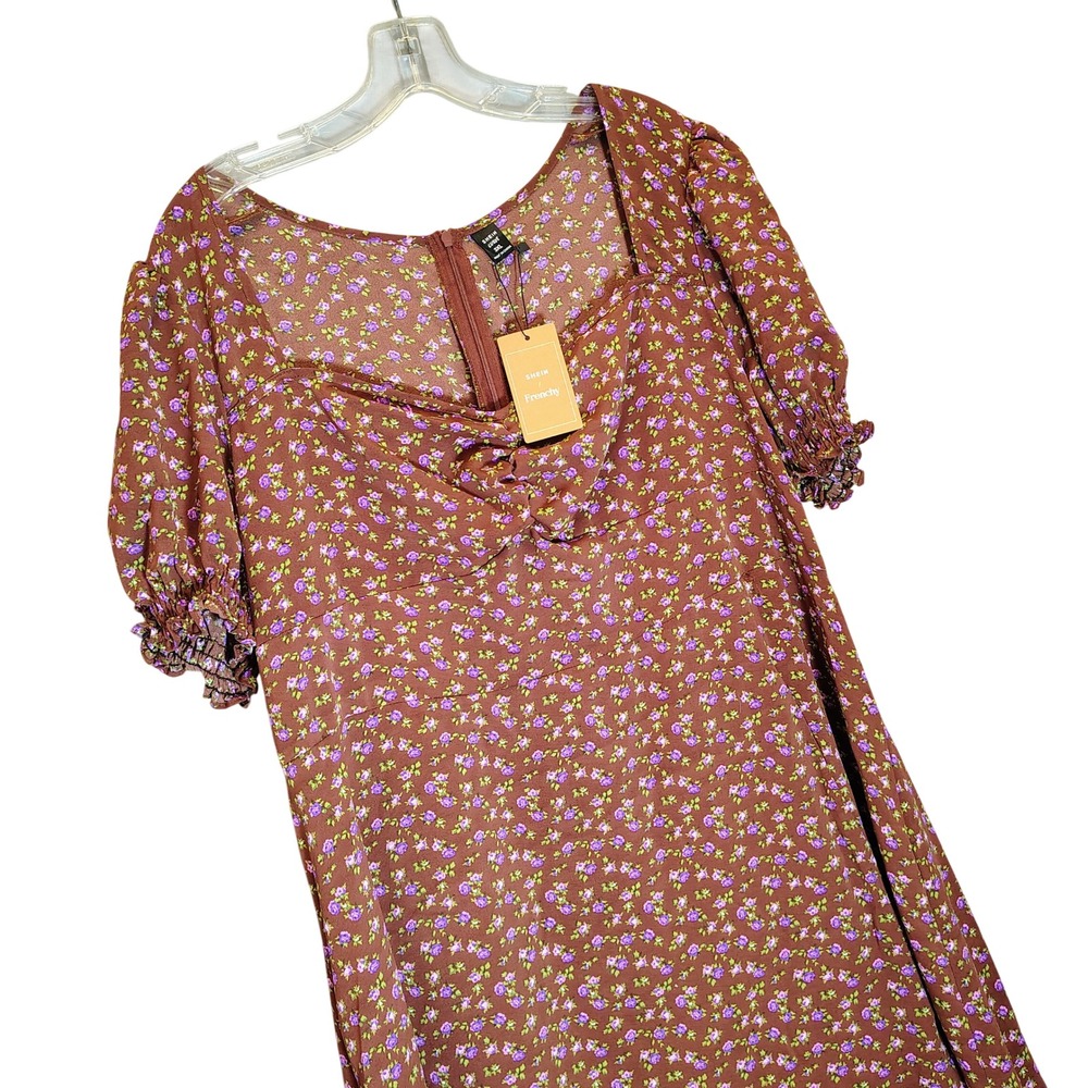 SHEIN‎ Curve Frenchy Brown Floral Sweetheart Prairie Midi Dress 3XL NEW